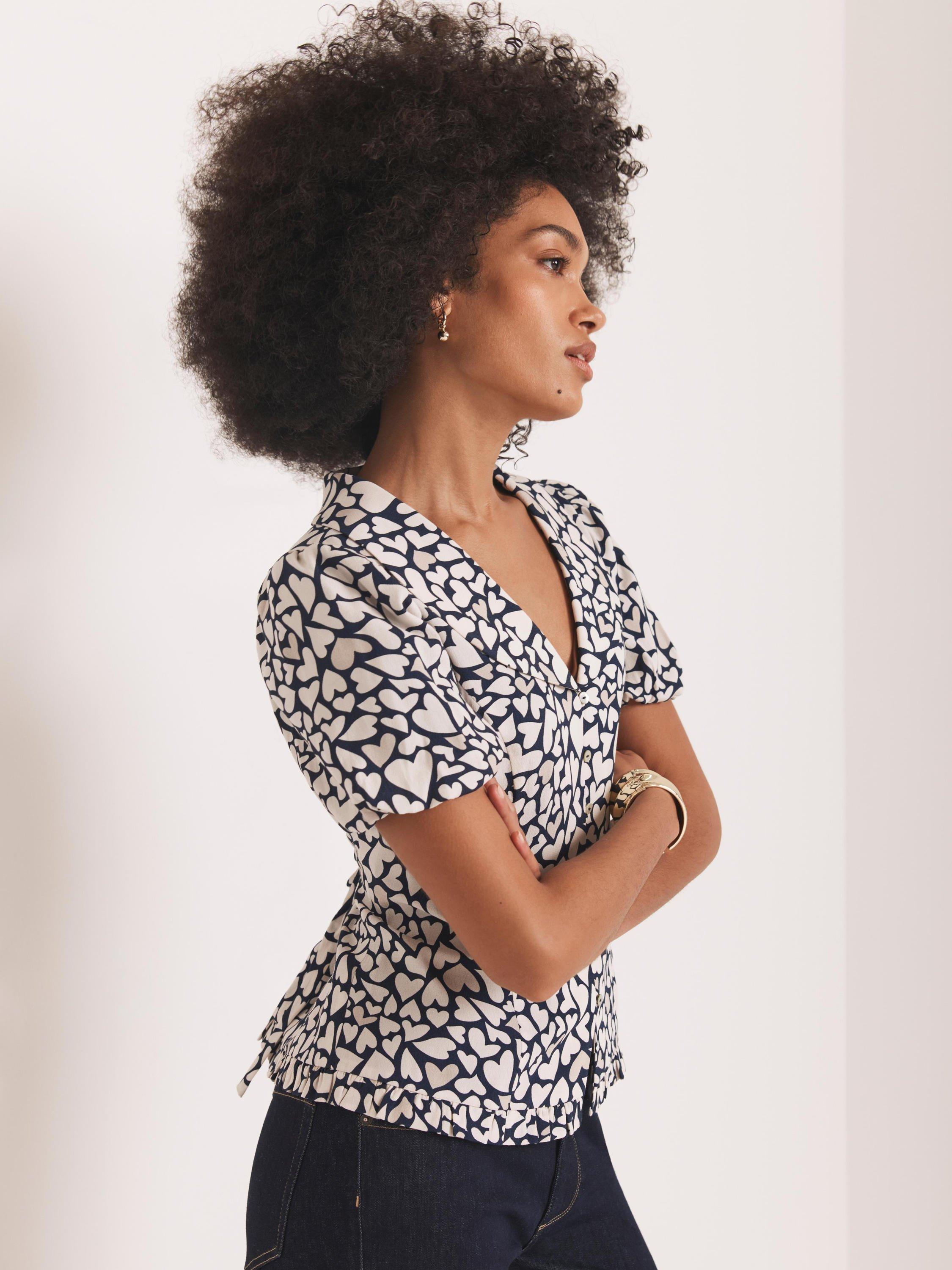 Product image 3 of 8, which shows Mint Velvet Heart Print Short Sleeve Collar Blouse, Navy/Multi, XS