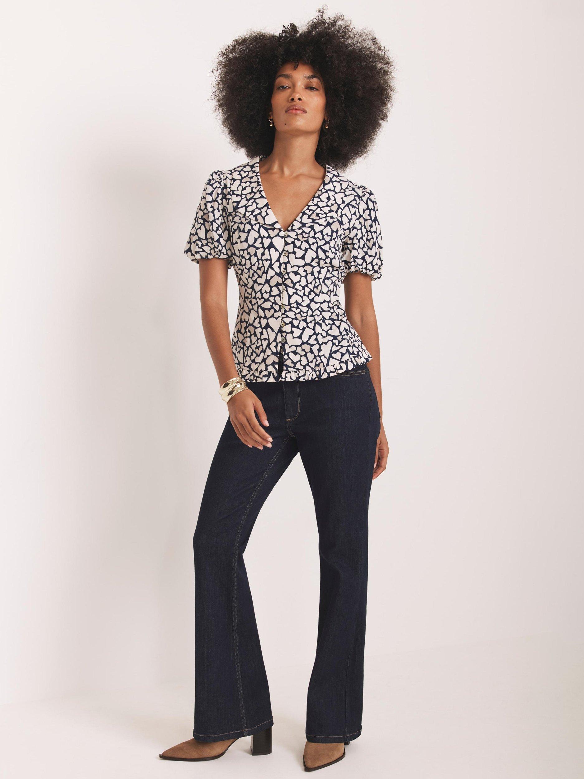 Product image 5 of 8, which shows Mint Velvet Heart Print Short Sleeve Collar Blouse, Navy/Multi, XS