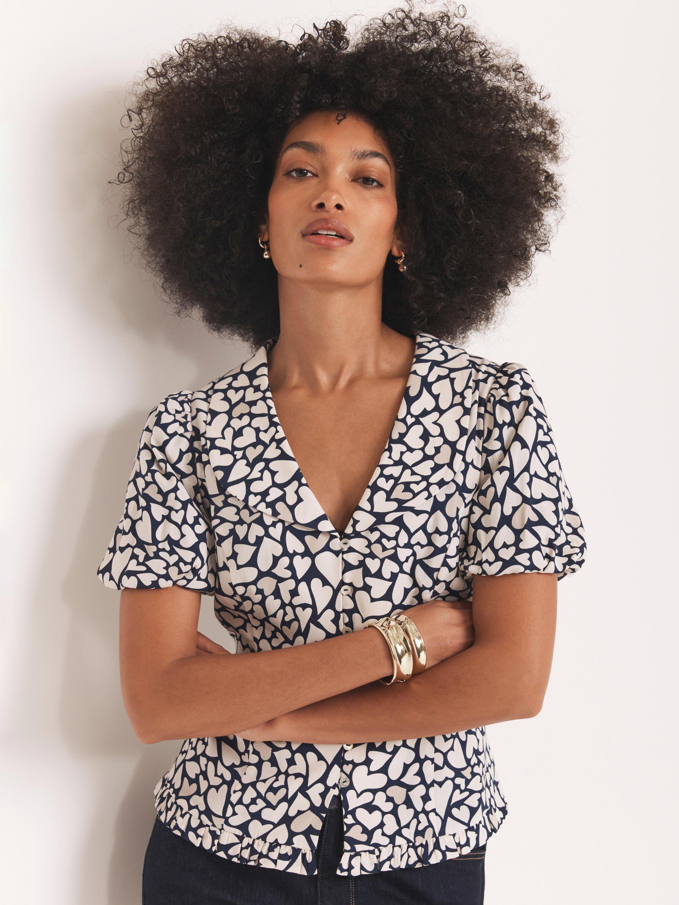 Product image 6 of 8, which shows Mint Velvet Heart Print Short Sleeve Collar Blouse, Navy/Multi, XS