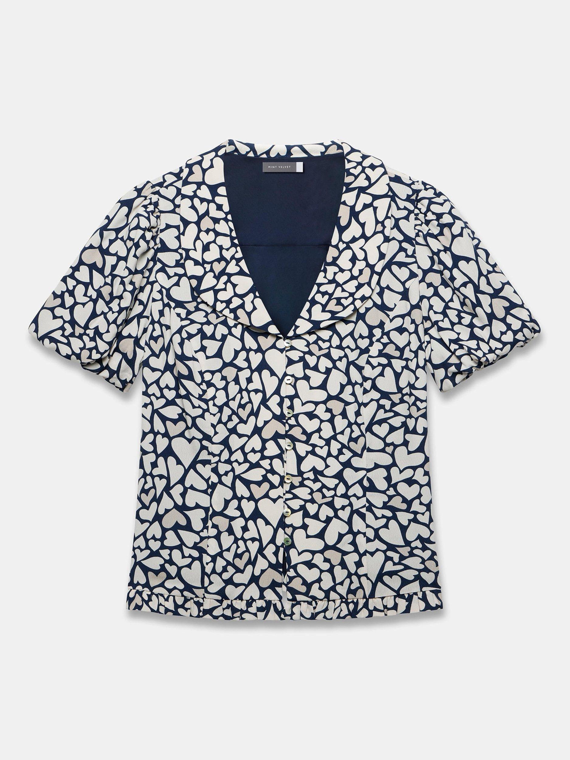 Product image 7 of 8, which shows Mint Velvet Heart Print Short Sleeve Collar Blouse, Navy/Multi, XS