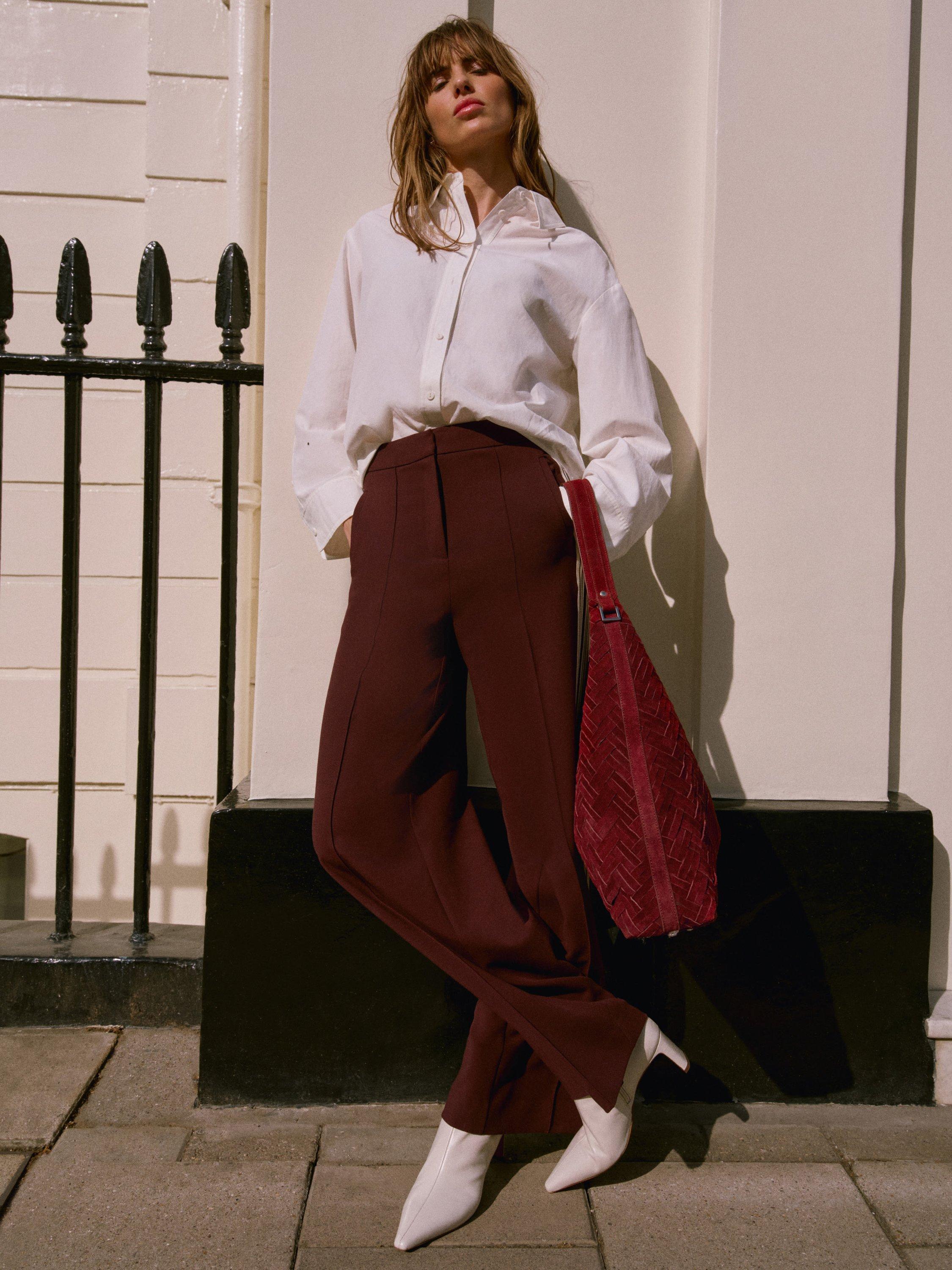 Product image 1 of 6, which shows Mint Velvet Side Stripe Trousers, Burgundy, 6R