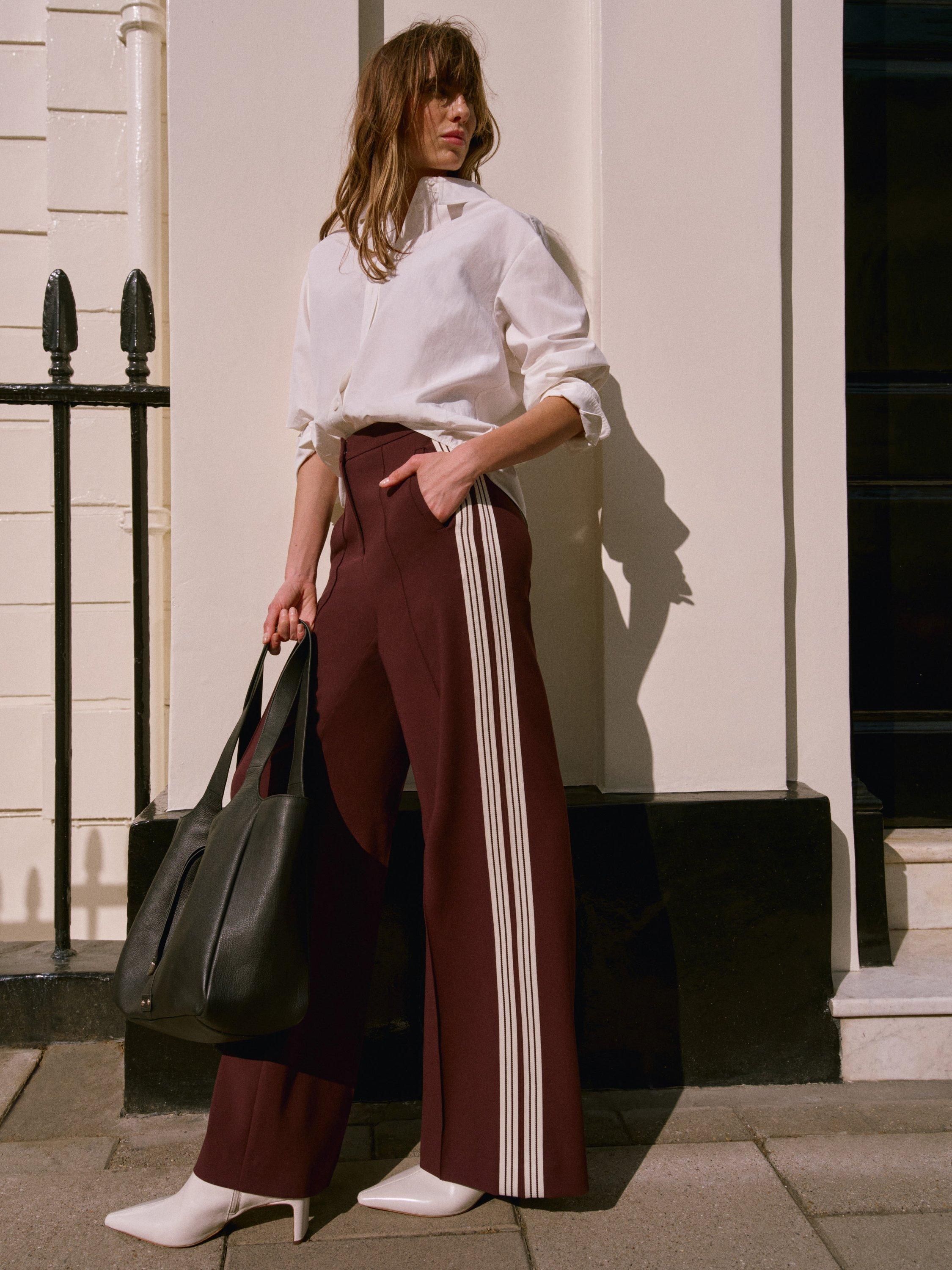 Product image 3 of 6, which shows Mint Velvet Side Stripe Trousers, Burgundy, 6R