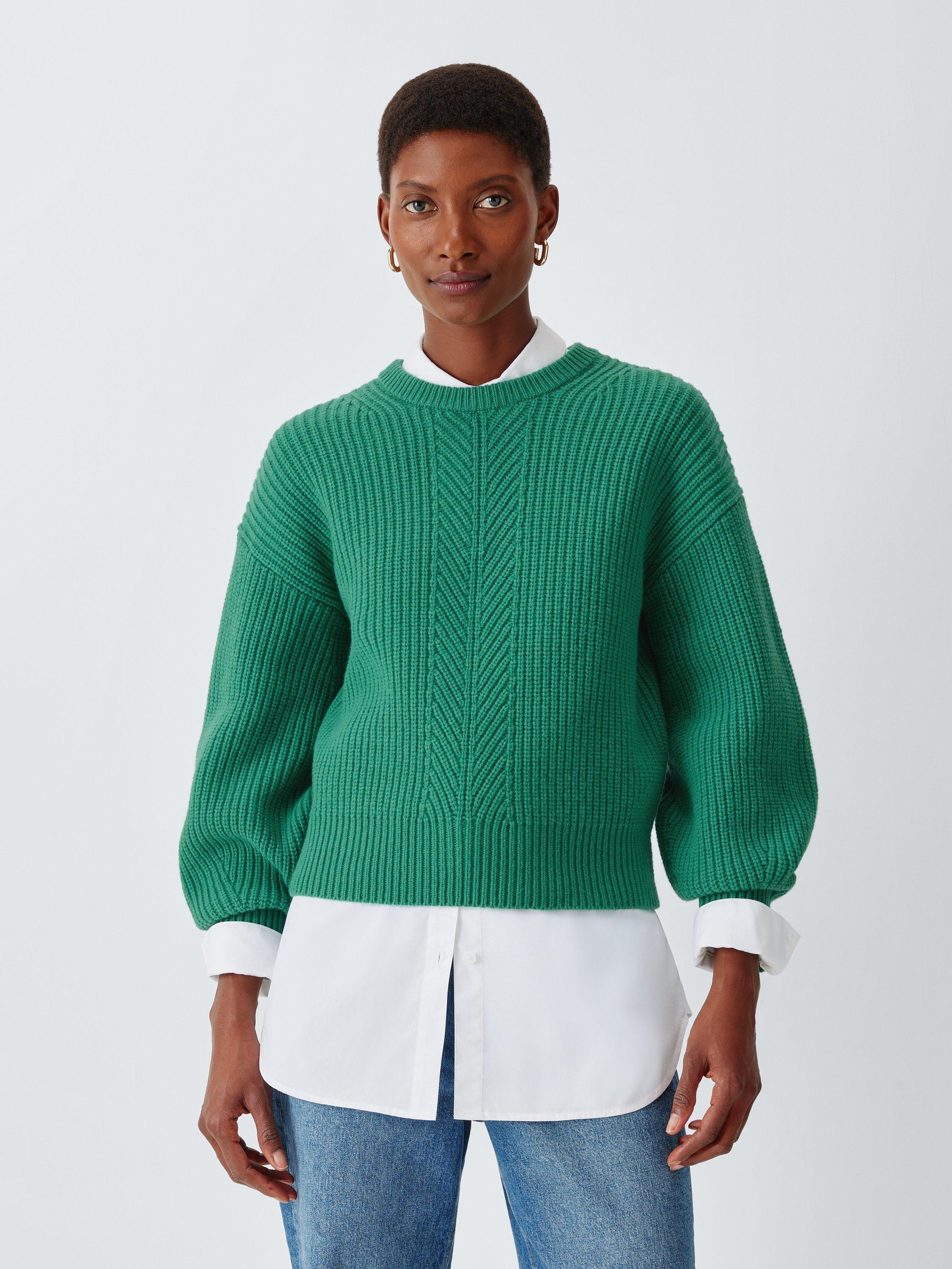 Product image 1 of 6, which shows John Lewis Tie Rib Knit Wool Blend Jumper, Pine Green, XS