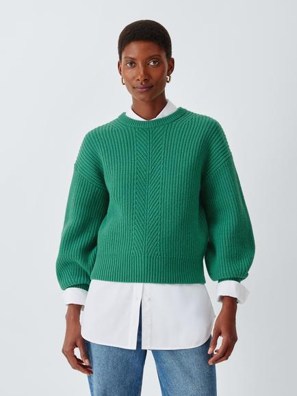 John Lewis Tie Rib Knit Wool Blend Jumper, Pine Green