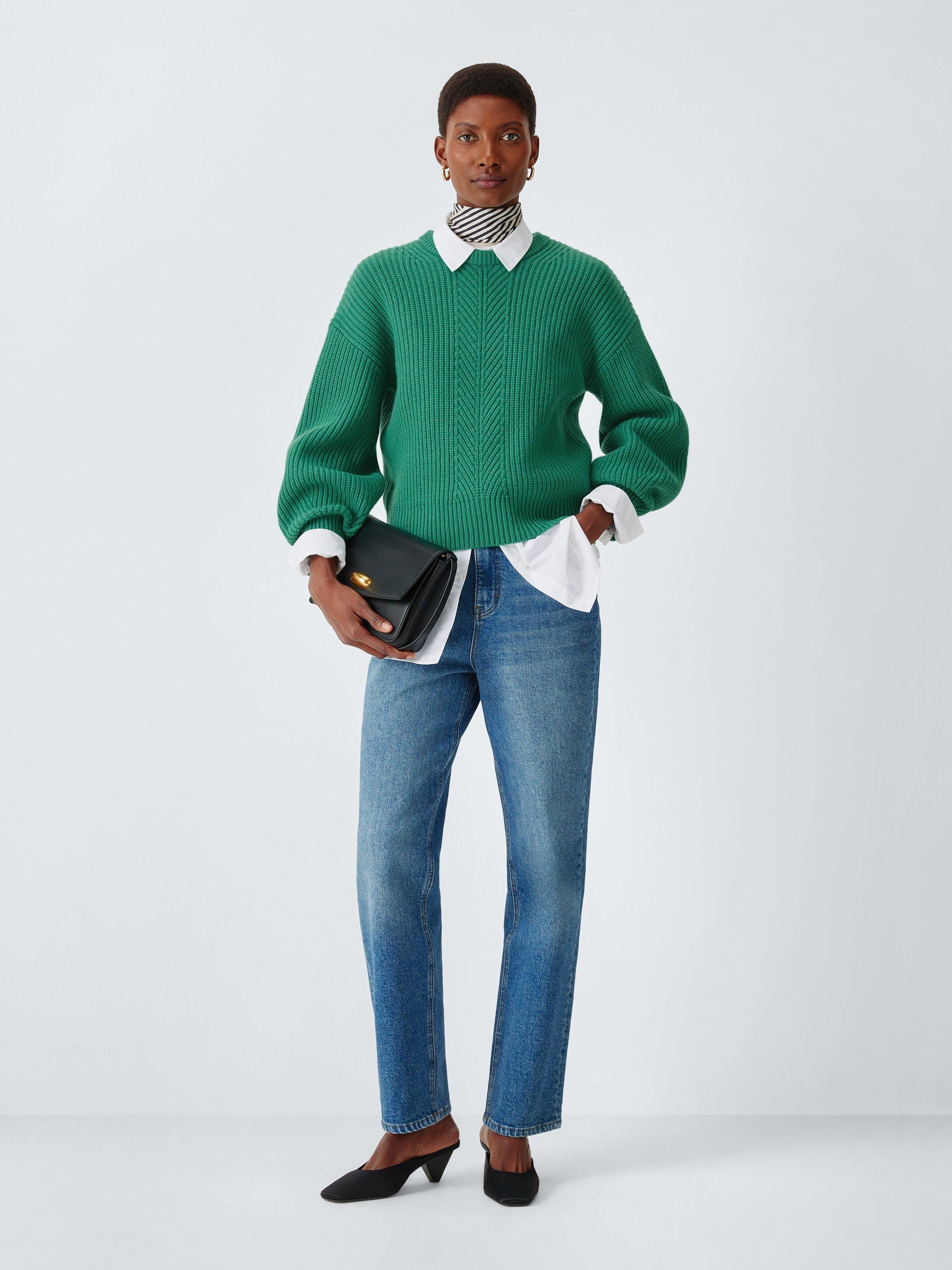 Product image 3 of 6, which shows John Lewis Tie Rib Knit Wool Blend Jumper, Pine Green, XS