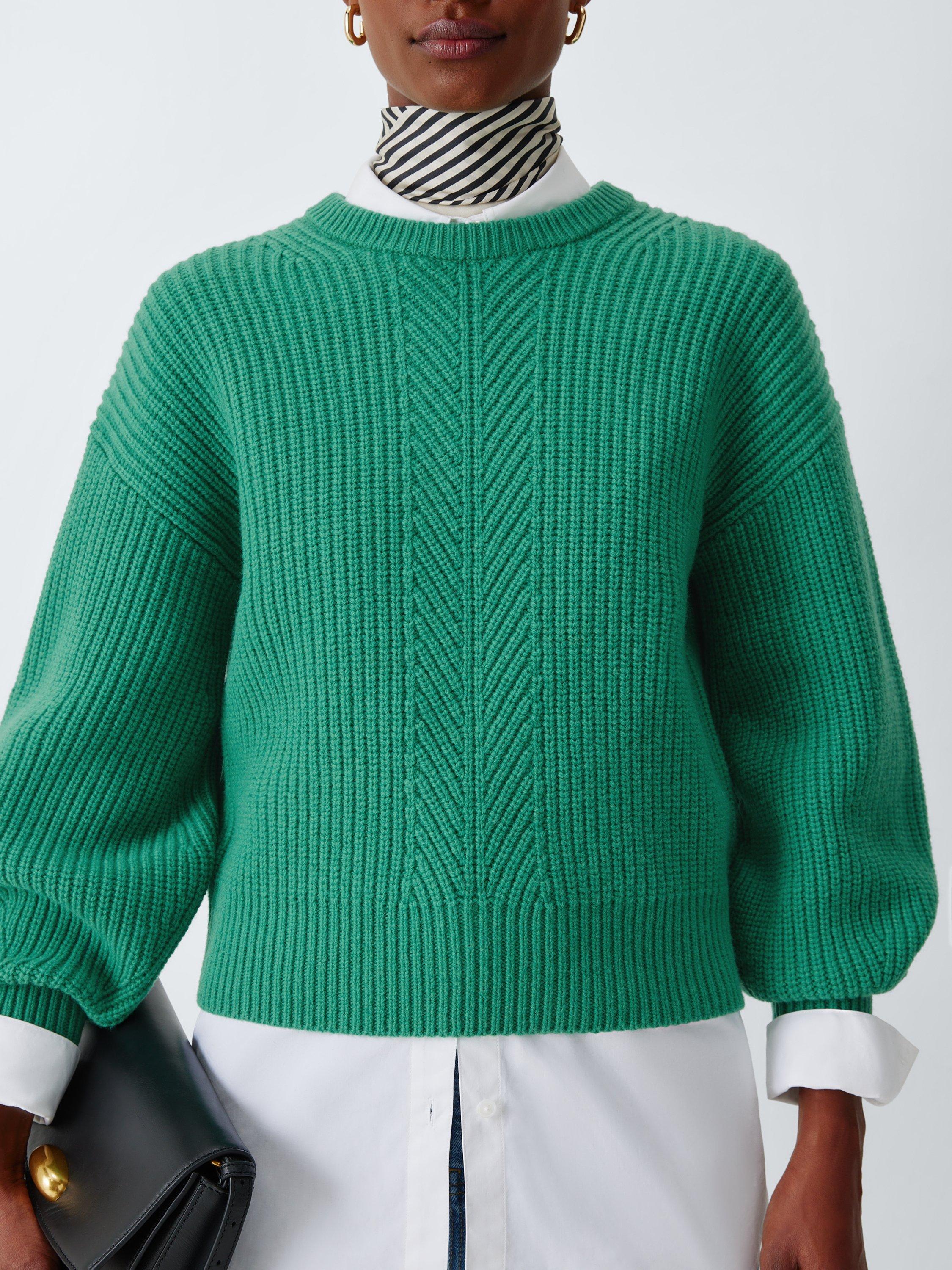 Product image 6 of 6, which shows John Lewis Tie Rib Knit Wool Blend Jumper, Pine Green, XS