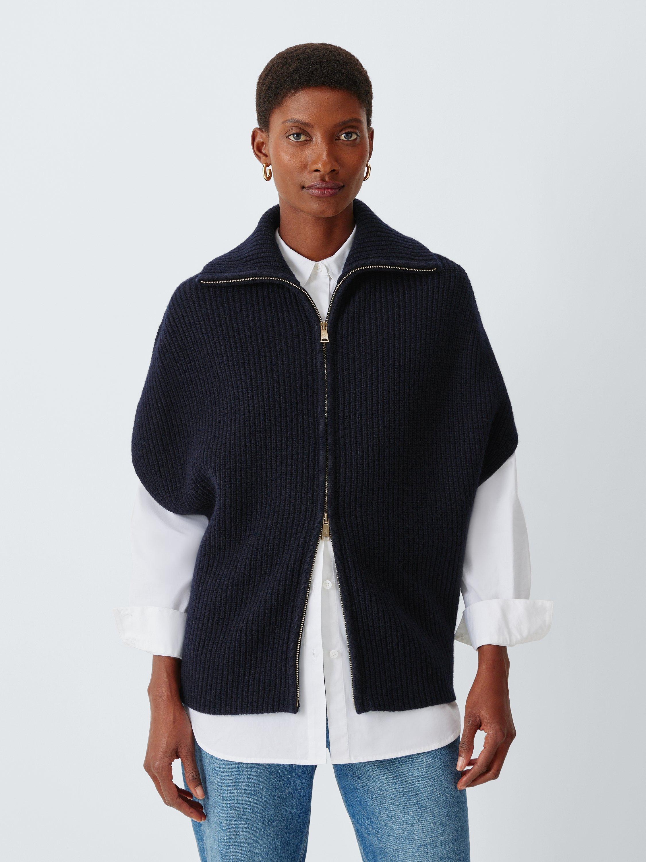 Product image 1 of 6, which shows John Lewis Pure Wool Rib Knit Zip Through Gilet, Navy, XS