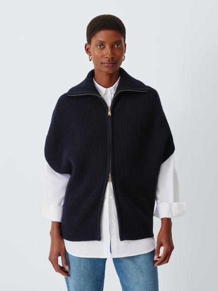 John Lewis Pure Wool Rib Knit Zip Through Gilet, Navy, Navy