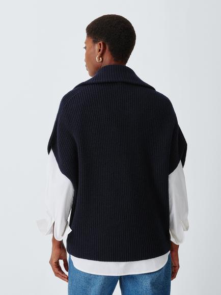 John Lewis Pure Wool Rib Knit Zip Through Gilet, Navy - view 2, Navy