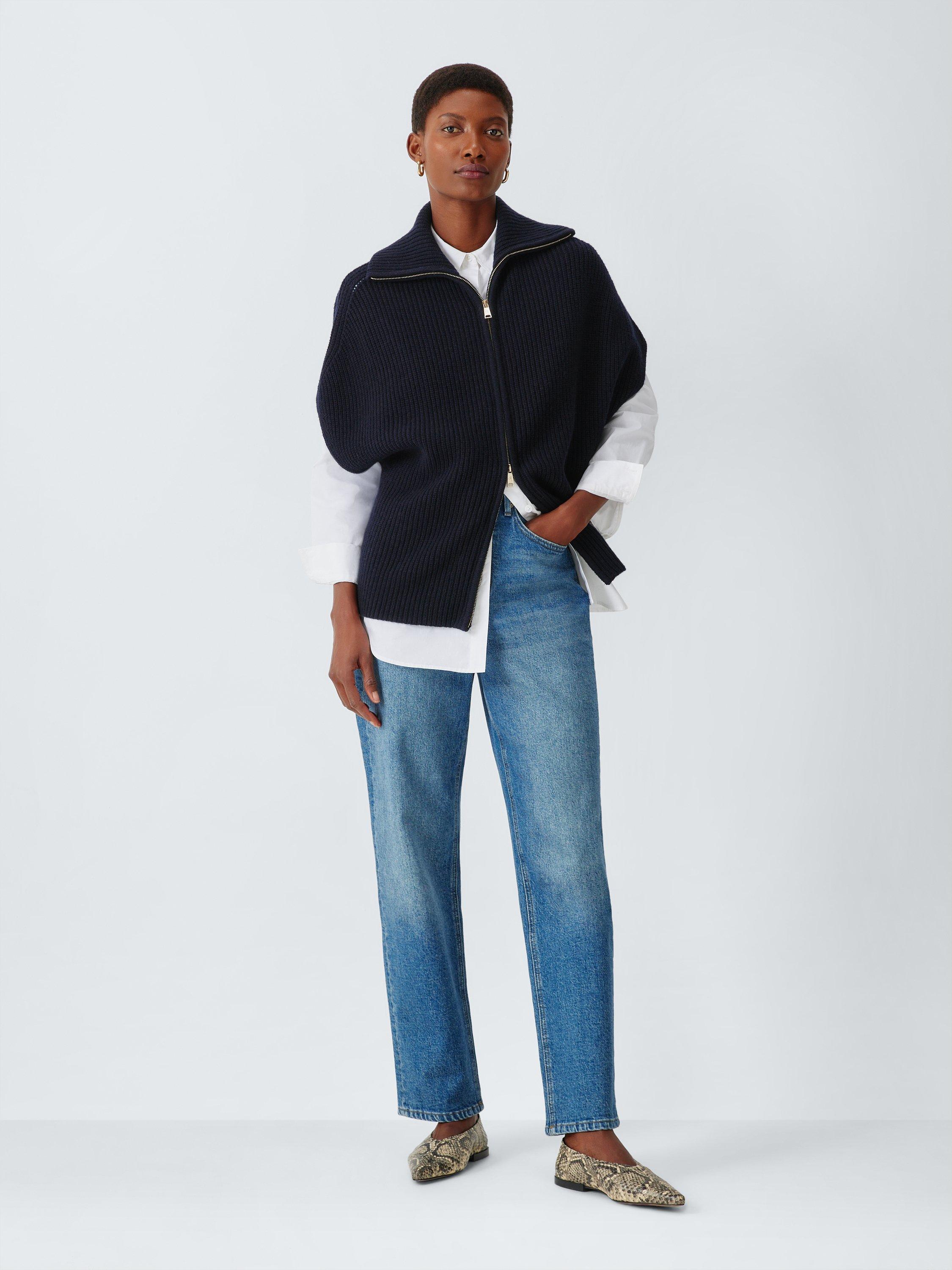 Product image 3 of 6, which shows John Lewis Pure Wool Rib Knit Zip Through Gilet, Navy, XS