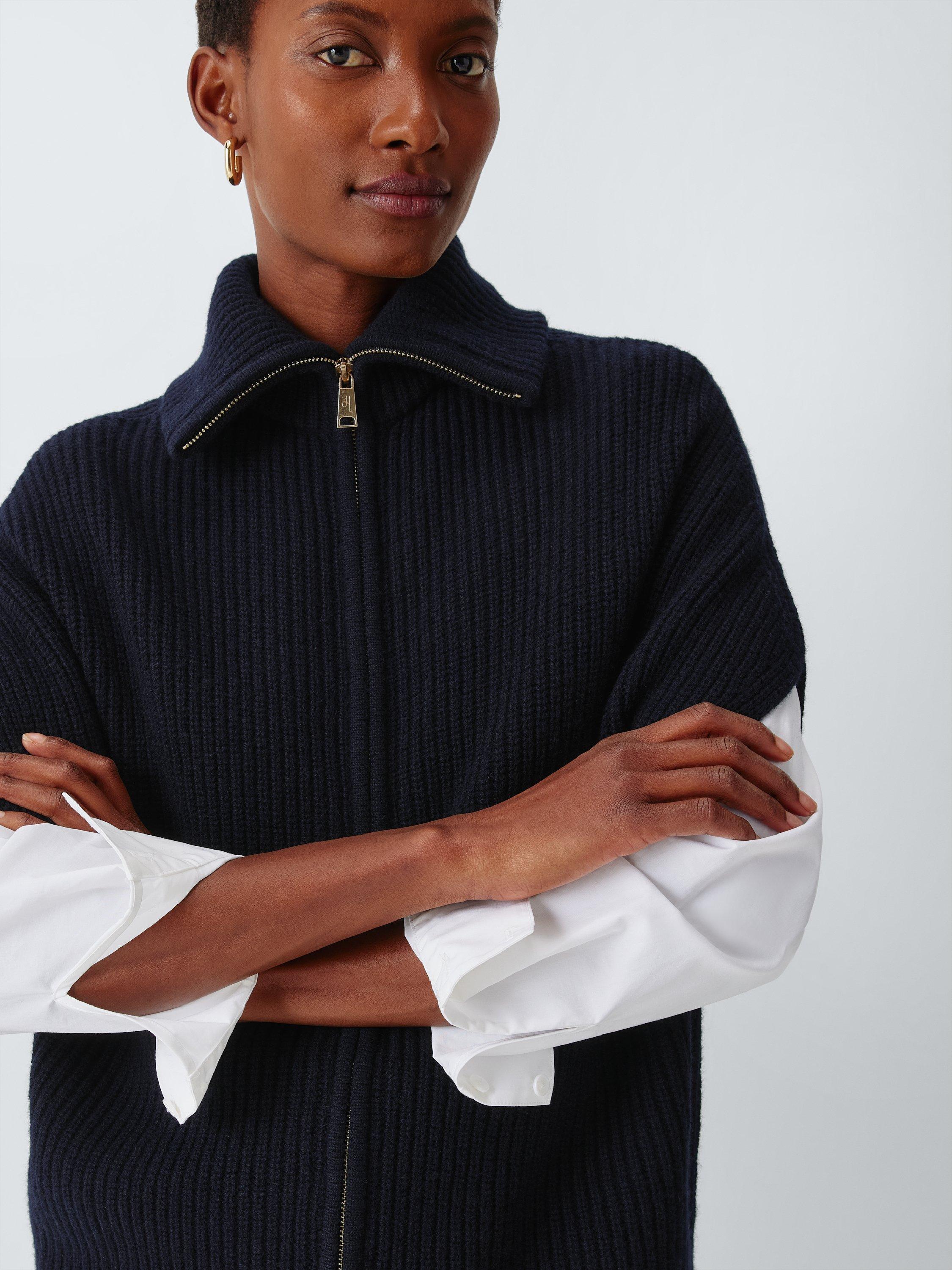 Product image 6 of 6, which shows John Lewis Pure Wool Rib Knit Zip Through Gilet, Navy, XS