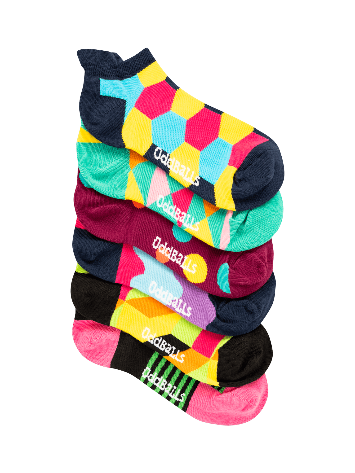 Product image 1 of 3, which shows OddBalls Random Stretch Cotton Ankle Socks, Pack of 6, Multi, XS