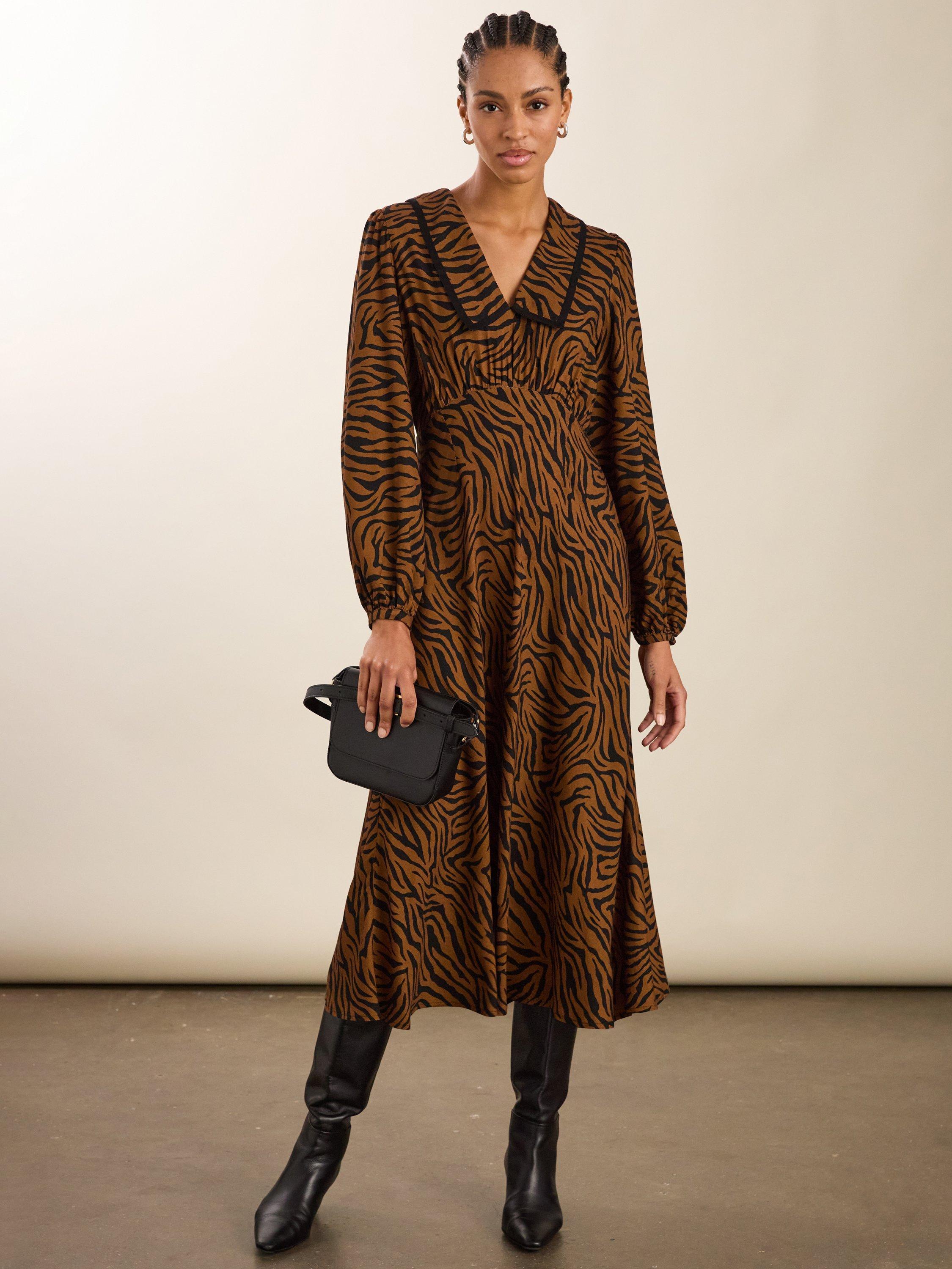 Product image 1 of 5, which shows Baukjen Lorelai Tiger Print Midi Dress, Chocolate/Multi, 10
