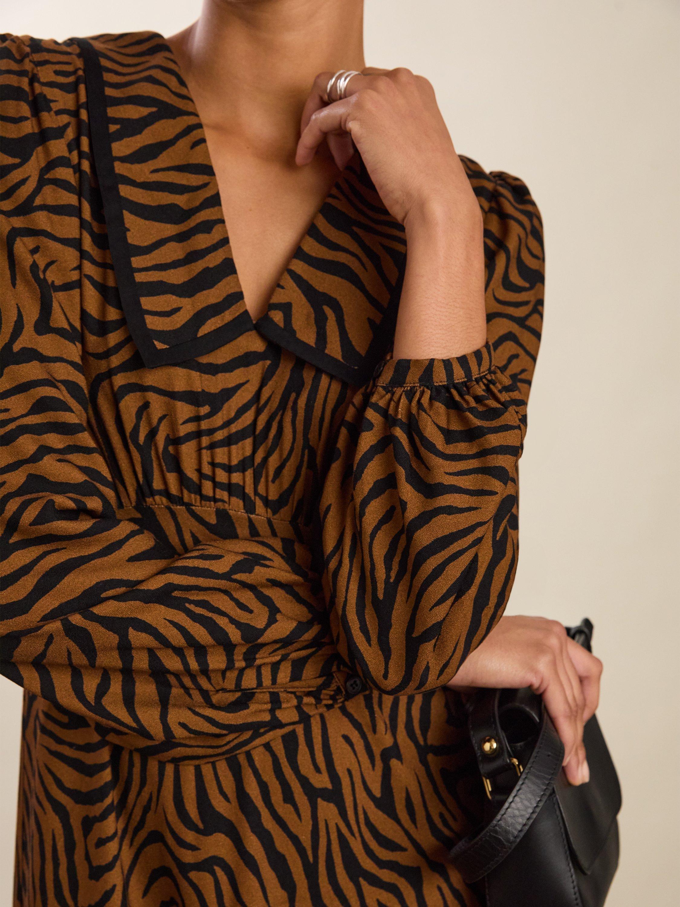 Product image 2 of 5, which shows Baukjen Lorelai Tiger Print Midi Dress, Chocolate/Multi, 10