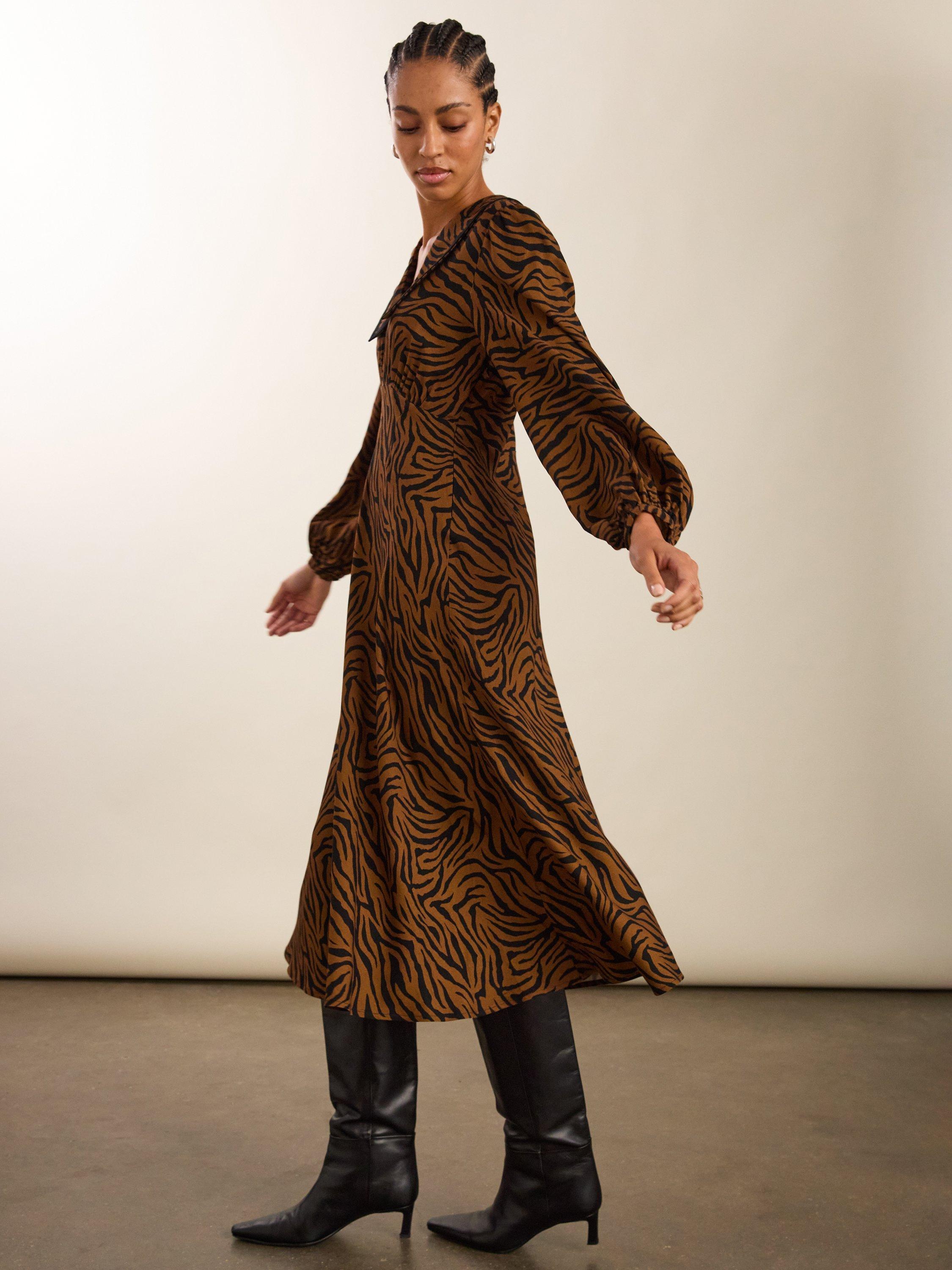 Product image 4 of 5, which shows Baukjen Lorelai Tiger Print Midi Dress, Chocolate/Multi, 10