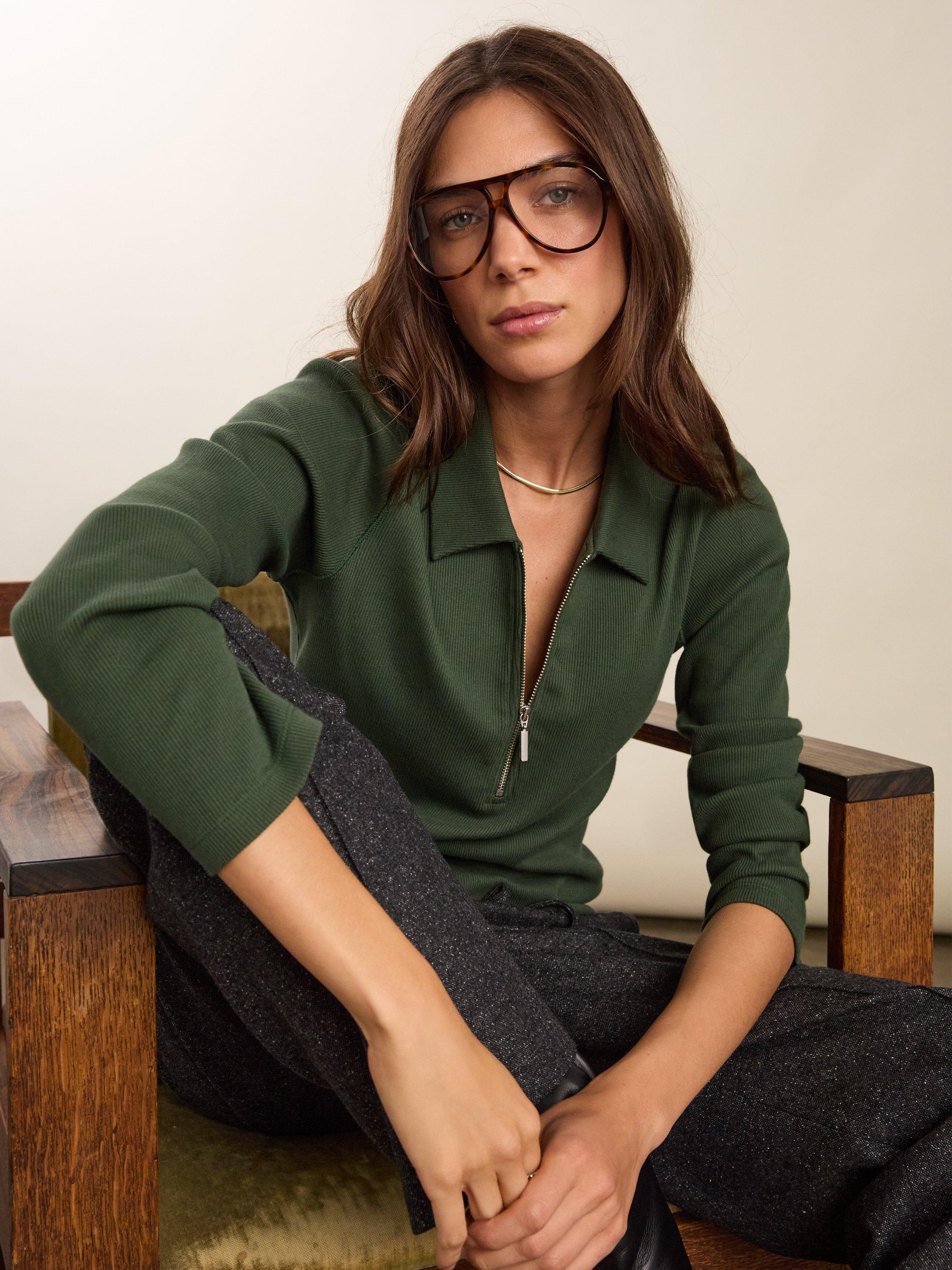Product image 1 of 5, which shows Baukjen Zip Collar Pure Organic Cotton Top, Deep Khaki, 6