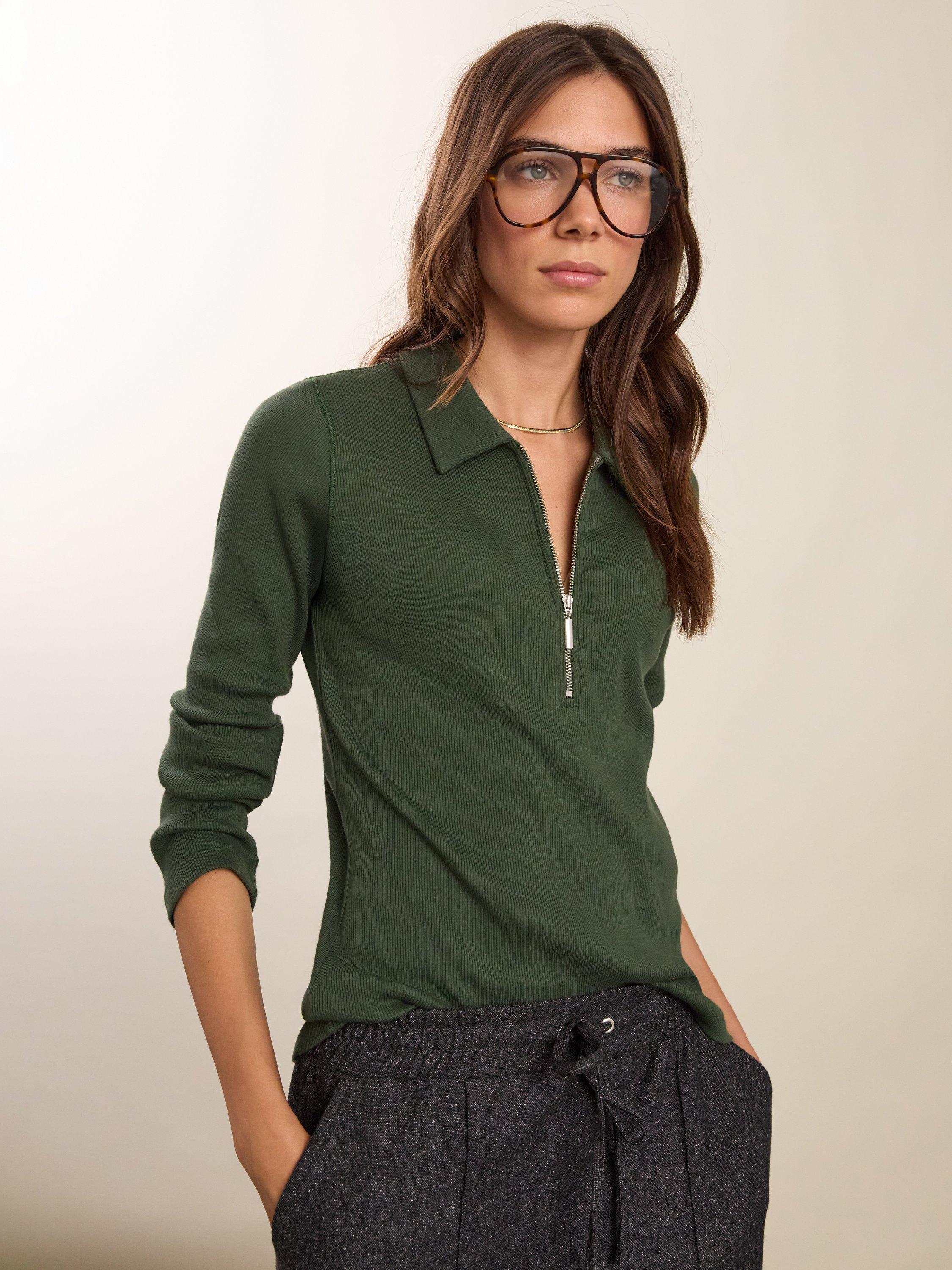 Product image 5 of 5, which shows Baukjen Zip Collar Pure Organic Cotton Top, Deep Khaki, 6