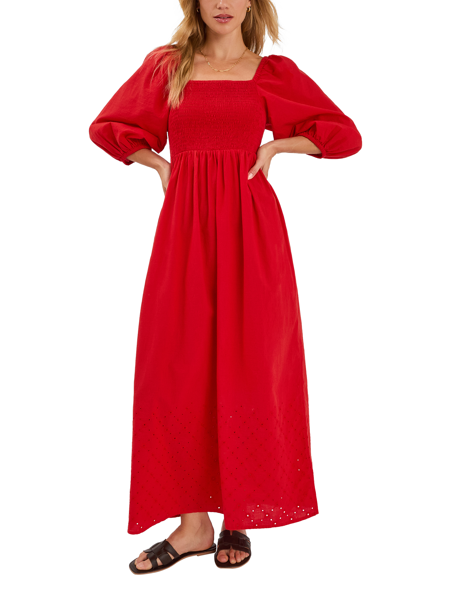 Product image 1 of 4, which shows Accessorize Puff Sleeve Smocked Maxi Dress, Red, XS