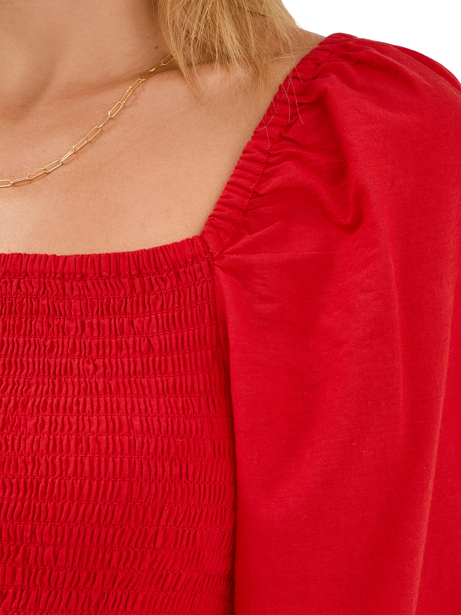 Product image 4 of 4, which shows Accessorize Puff Sleeve Smocked Maxi Dress, Red, XS