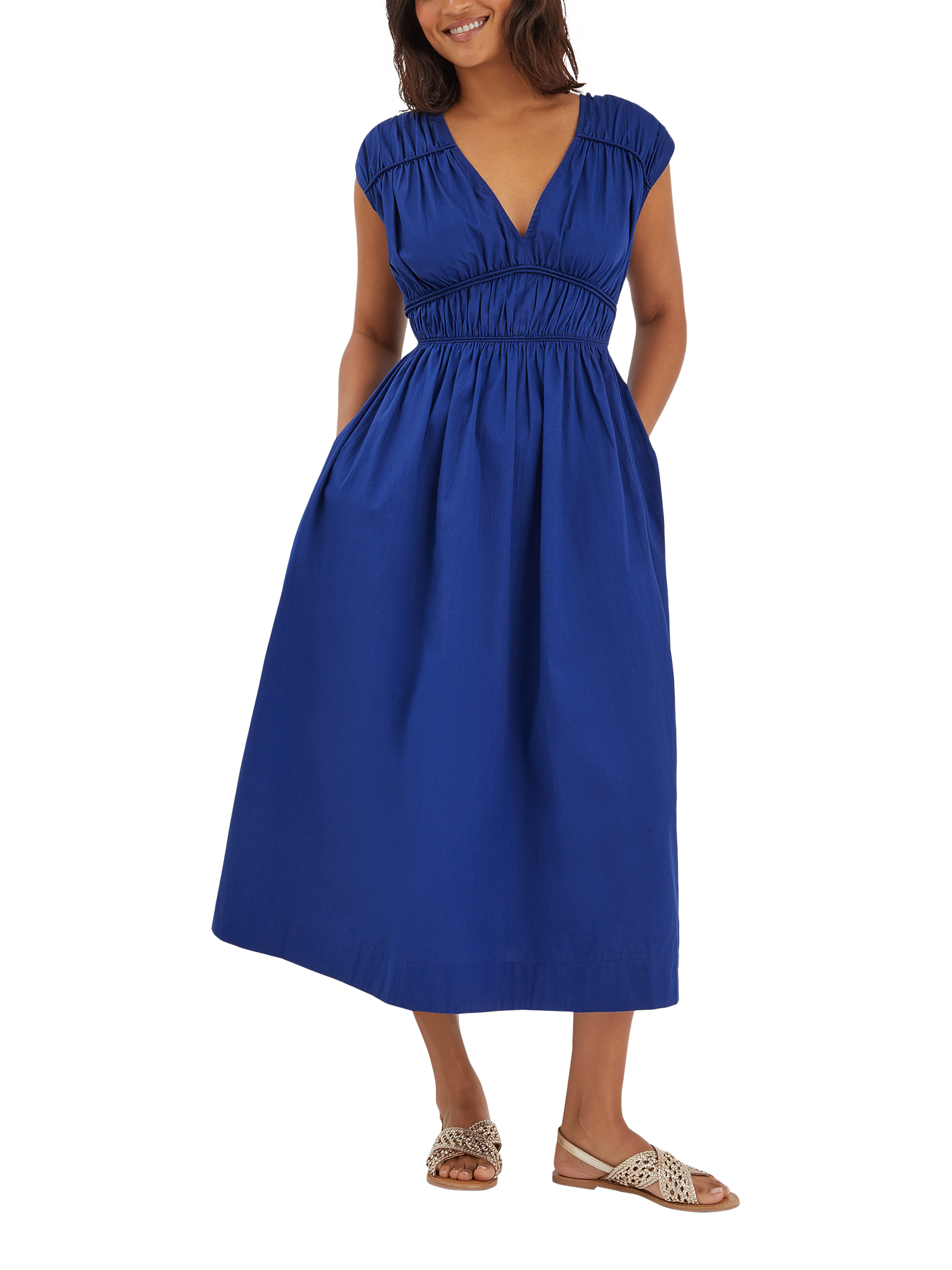 Product image 1 of 4, which shows Accessorize Sleeveless Ruched Midi Dress, Blue, M