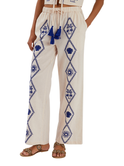 Accessorize Island Embroidery Linen Blend Trousers, Natural, Natural