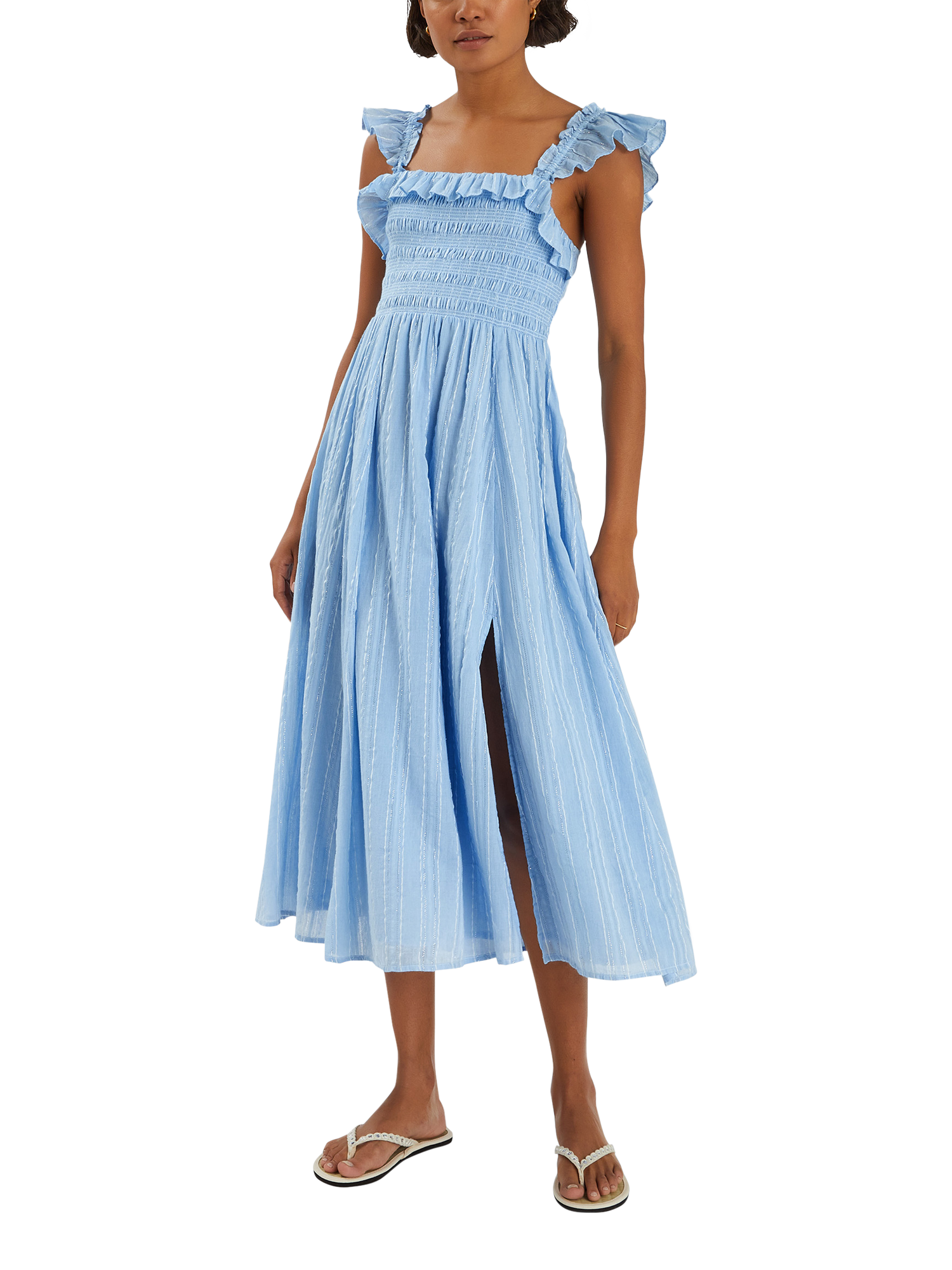 Product image 1 of 4, which shows Accessorize Ruffle Smocked Midi Dress, Blue, XS