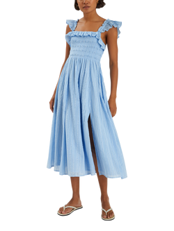 Accessorize Ruffle Smocked Midi Dress, Blue, Blue