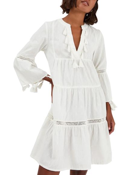 Accessorize Flute Sleeve Tassel Tiered Mini Dress, Ivory, Ivory