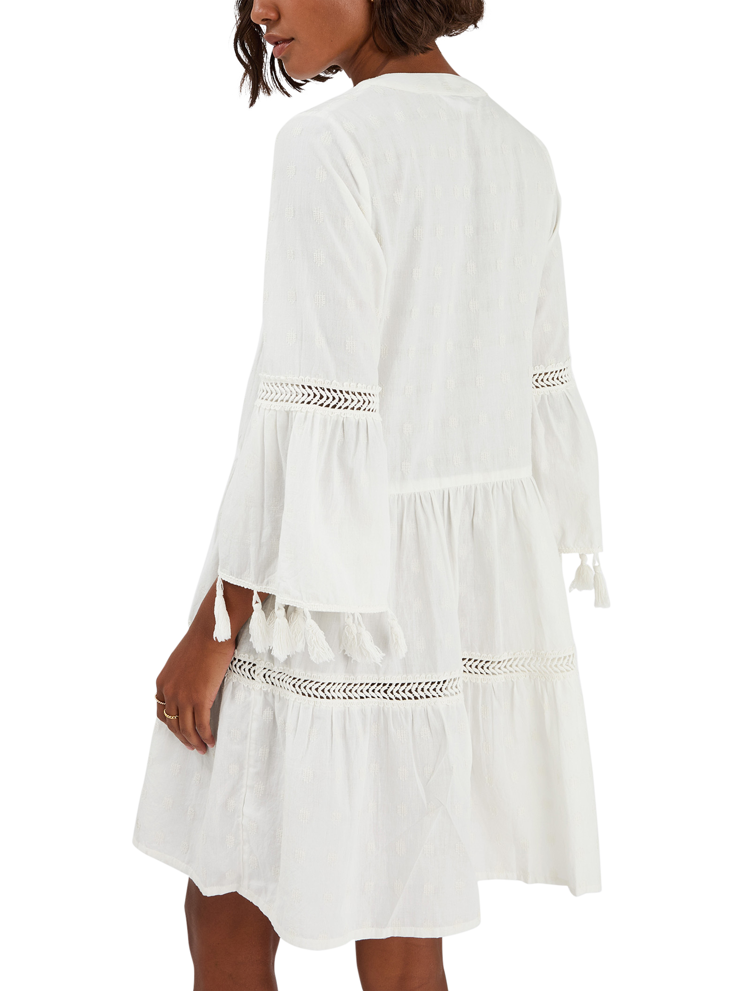 Product image 2 of 4, which shows Accessorize Flute Sleeve Tassel Tiered Mini Dress, Ivory, XS