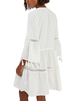 Accessorize Flute Sleeve Tassel Tiered Mini Dress, Ivory - view 2, Ivory