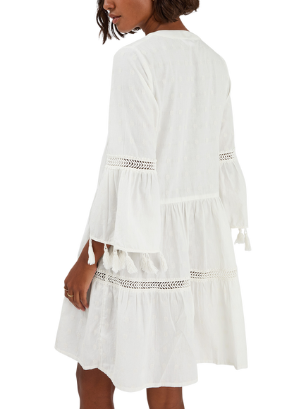 Accessorize Flute Sleeve Tassel Tiered Mini Dress, Ivory - view 2, Ivory