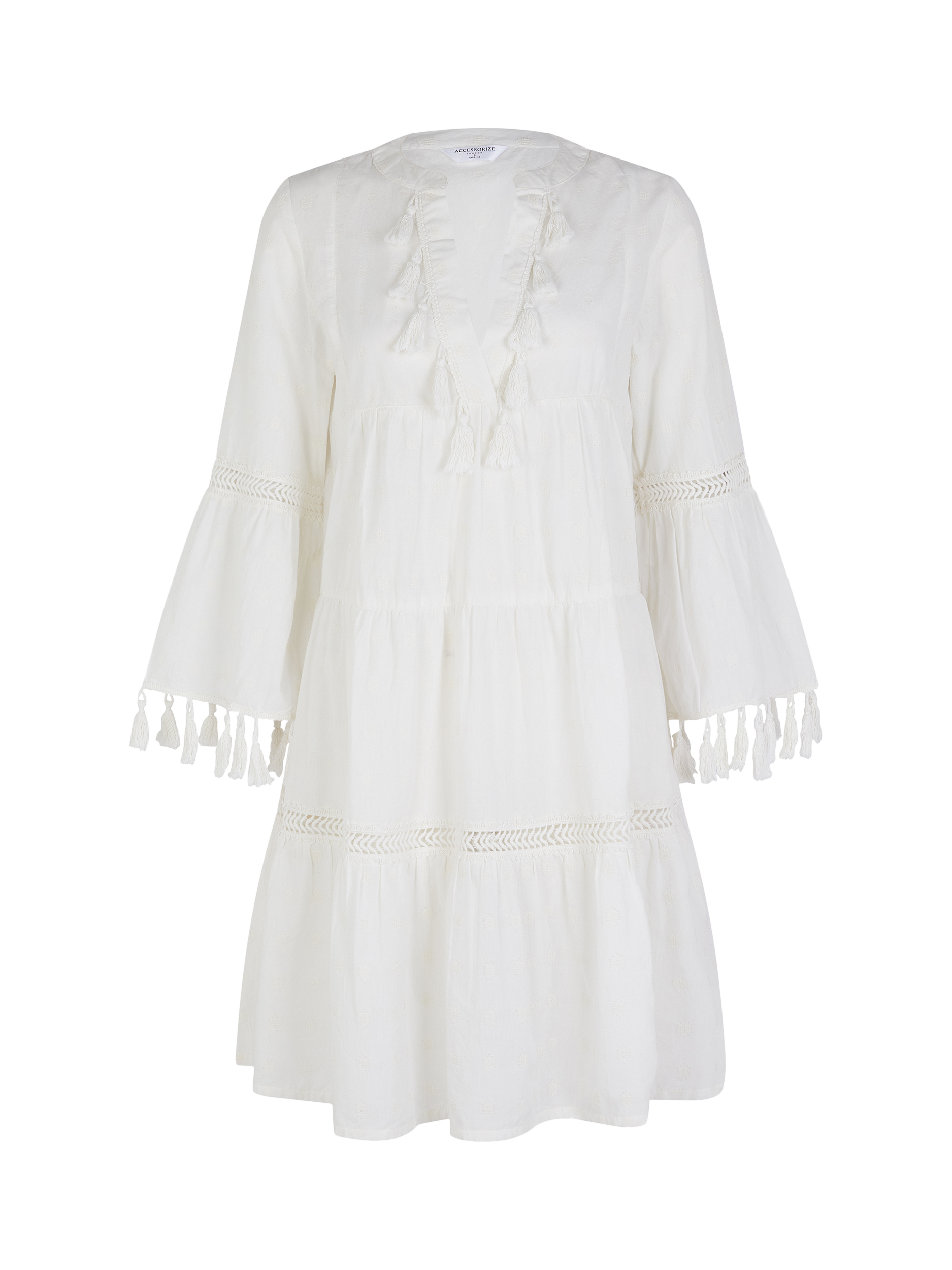 Product image 3 of 4, which shows Accessorize Flute Sleeve Tassel Tiered Mini Dress, Ivory, XS