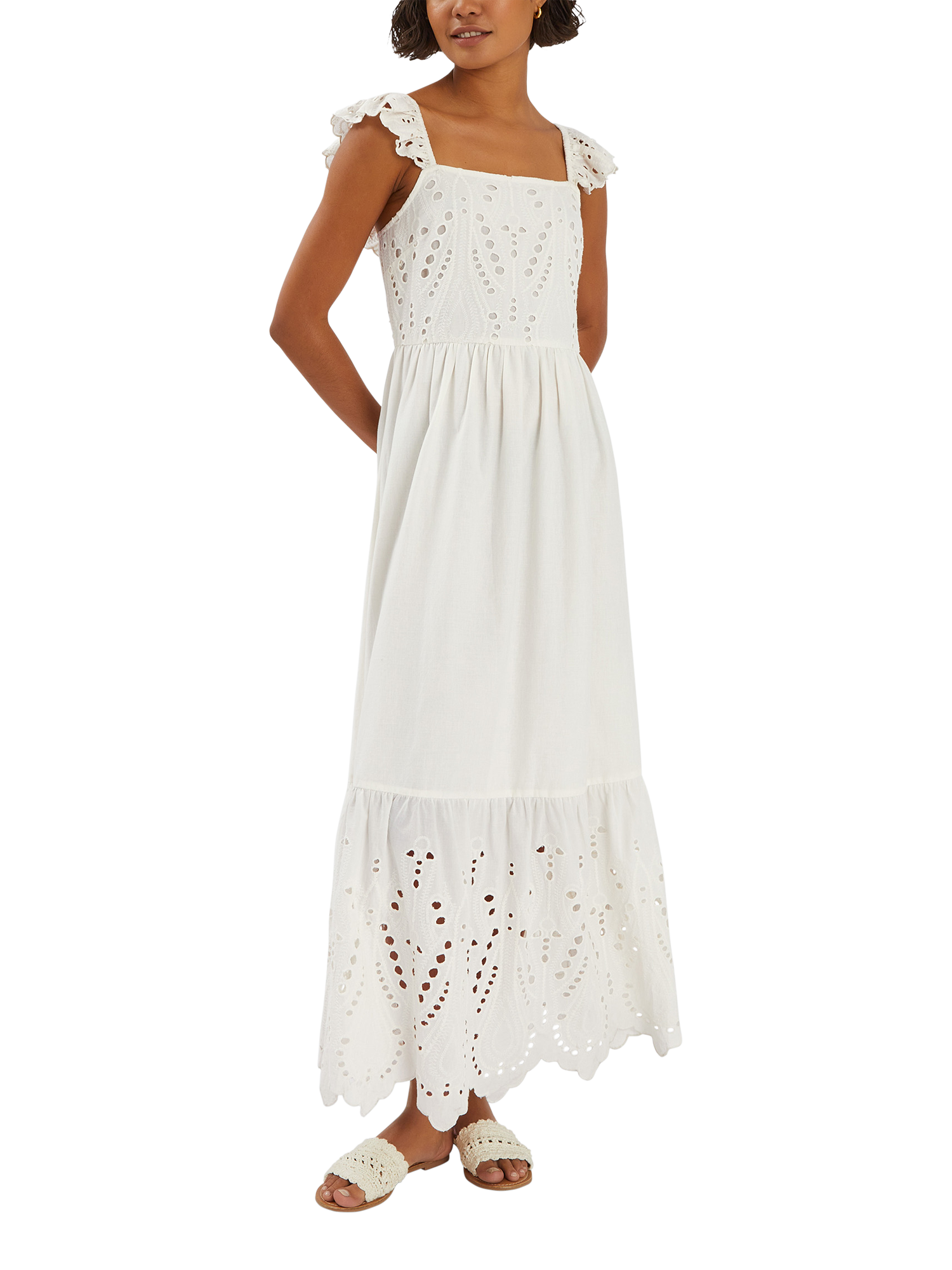 Product image 1 of 4, which shows Accessorize Frilly Broderie Maxi Dress, Ivory, XS
