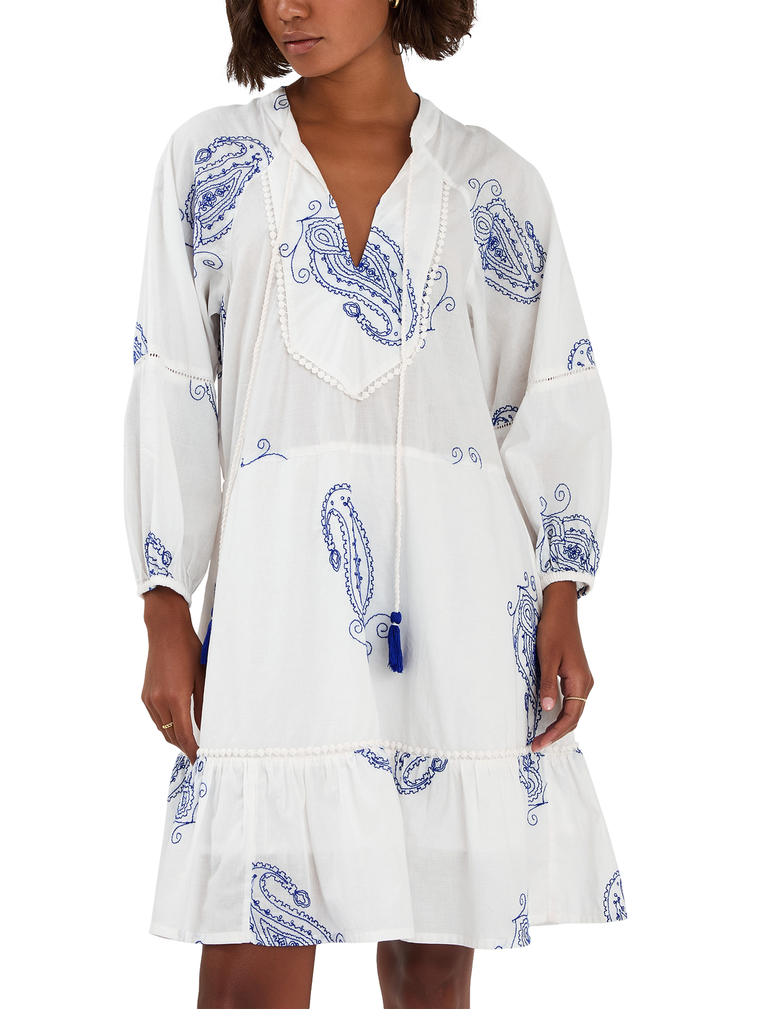 Product image 1 of 4, which shows Accessorize Embroidered Long Sleeve Mini Dress, Ivory, XS