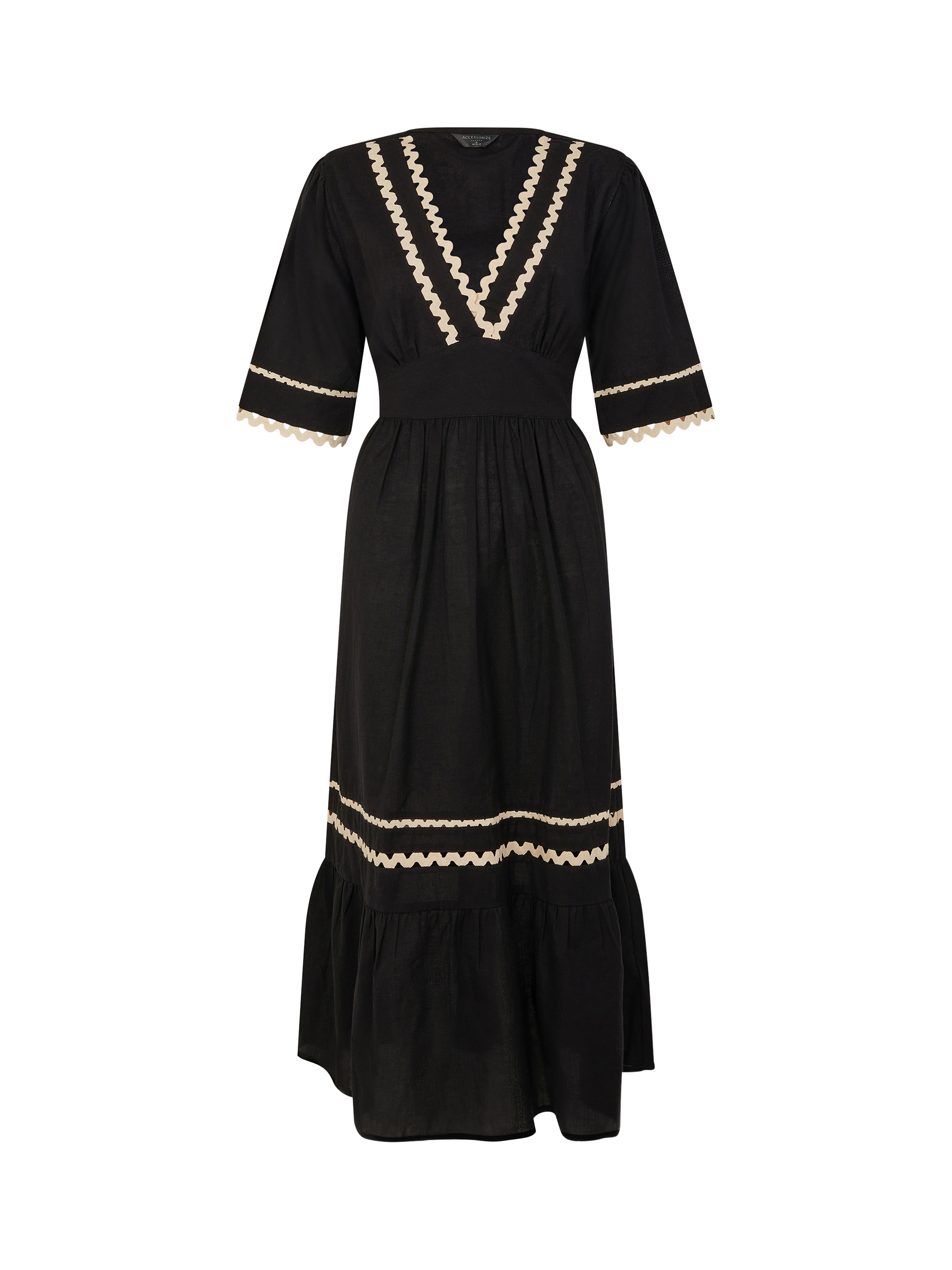 Product image 3 of 3, which shows Accessorize V-Neck Ric Rac Midi Dress, Black, M