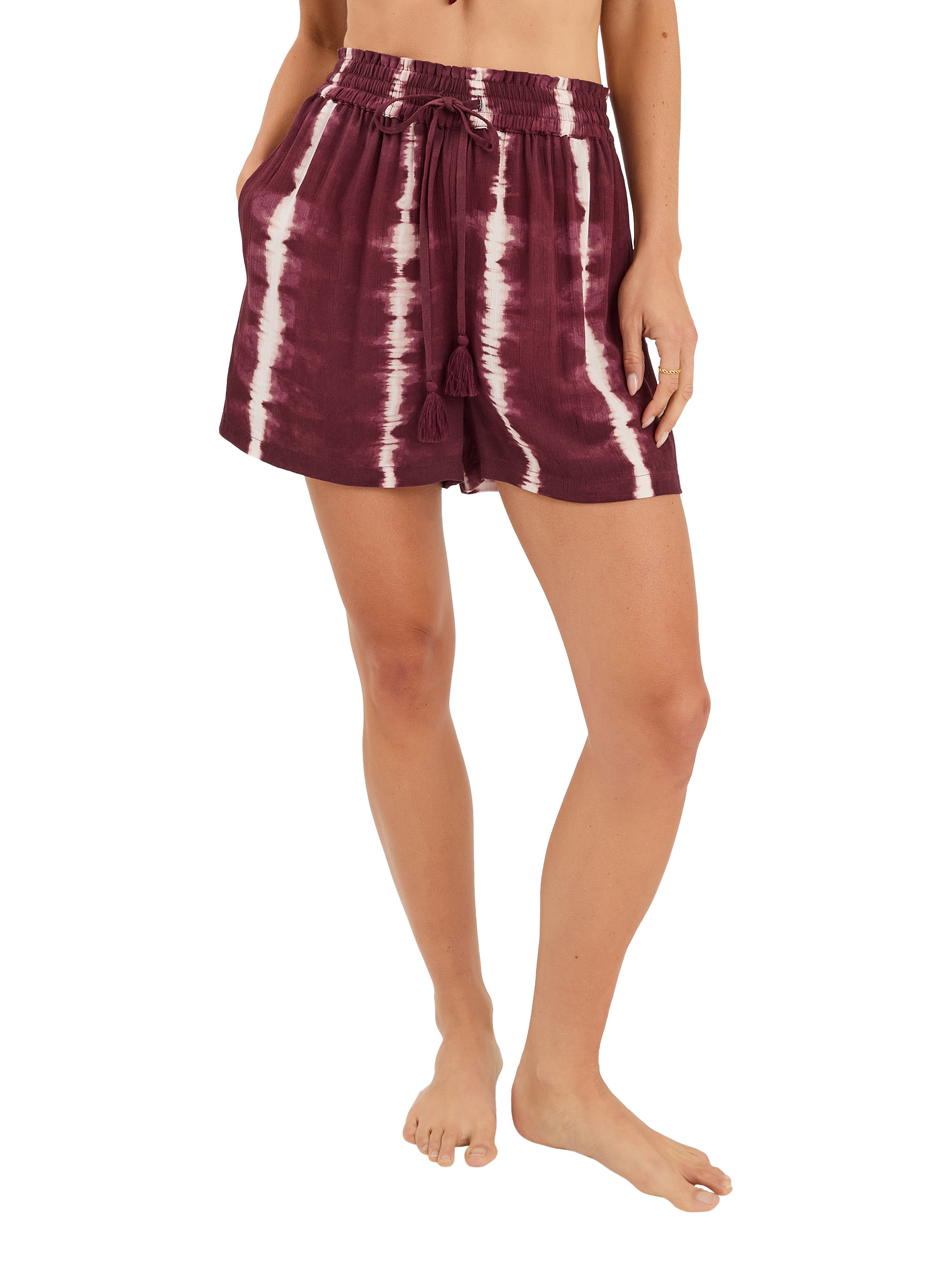Product image 1 of 4, which shows Accessorize Tie Dye Beach Shorts, Burgundy, XS
