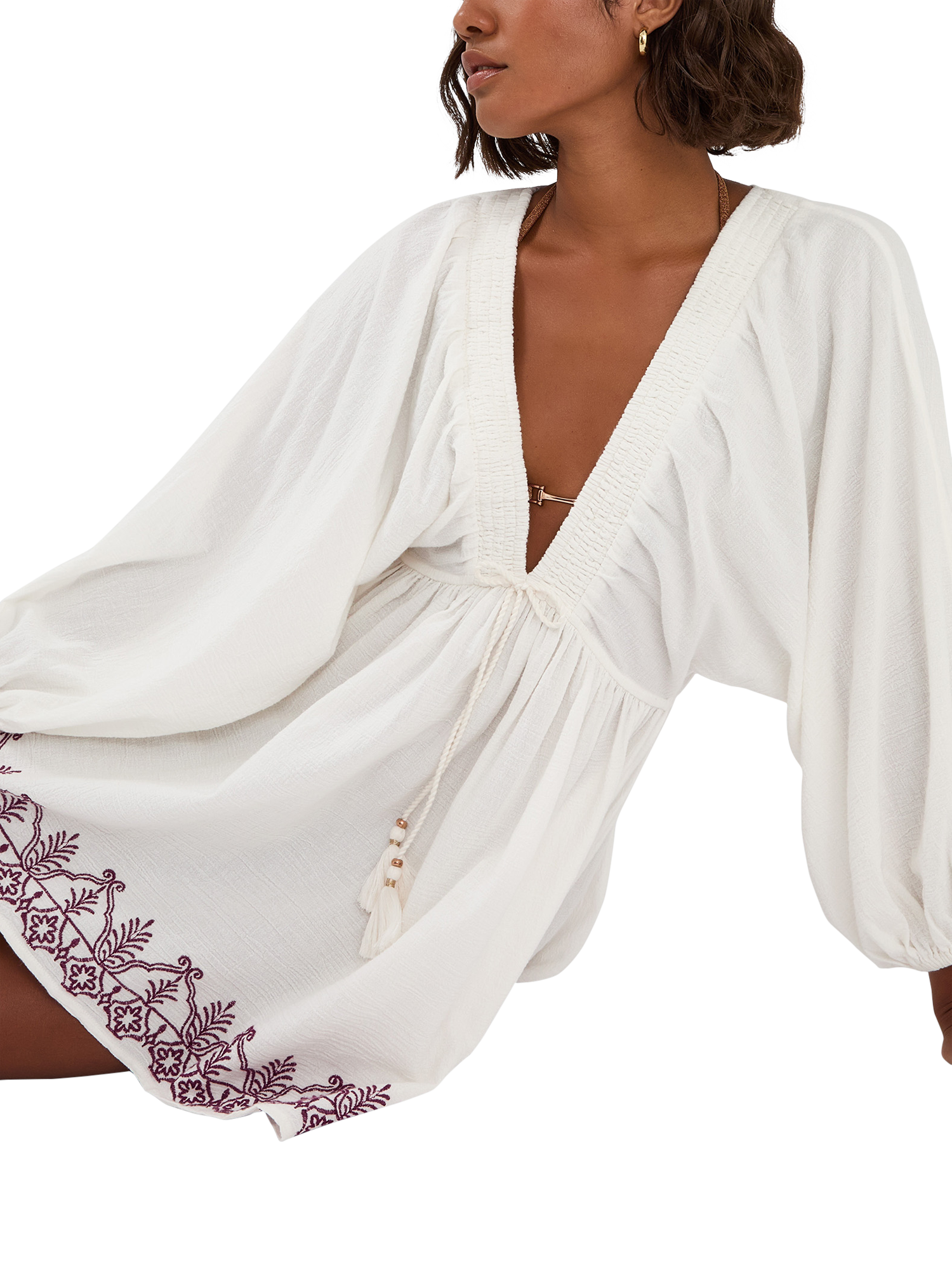 Product image 1 of 4, which shows Accessorize Embroidered Beach Cover Up Mini Dress, Ivory, XS