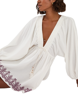 Accessorize Embroidered Beach Cover Up Mini Dress, Ivory, Ivory