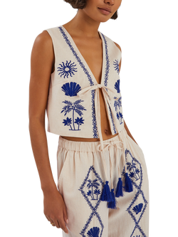 Accessorize Tropical Tie-Front Embroidered Waistcoat, Natural, Natural