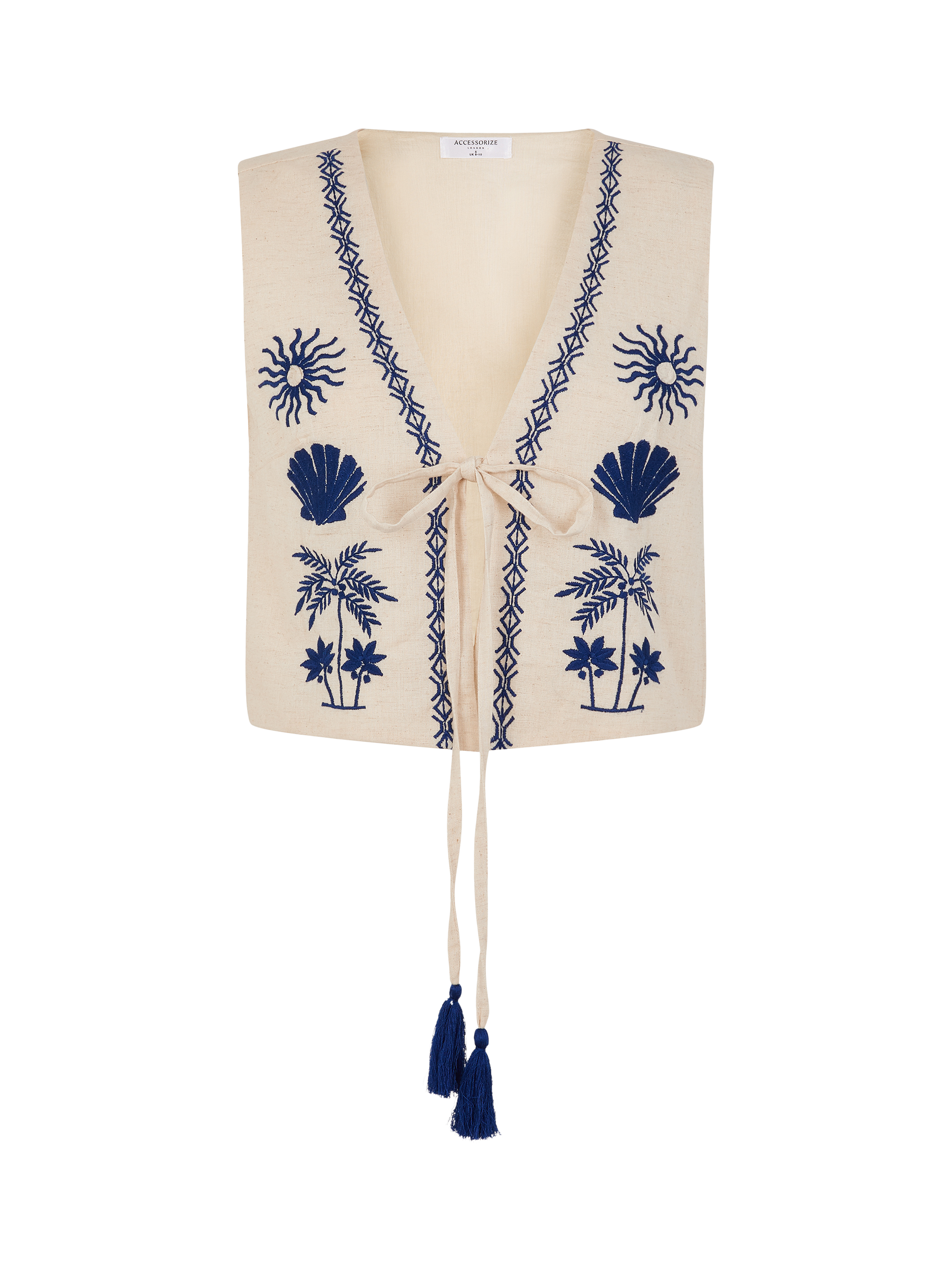 Product image 3 of 4, which shows Accessorize Tropical Tie-Front Embroidered Waistcoat, Natural, M