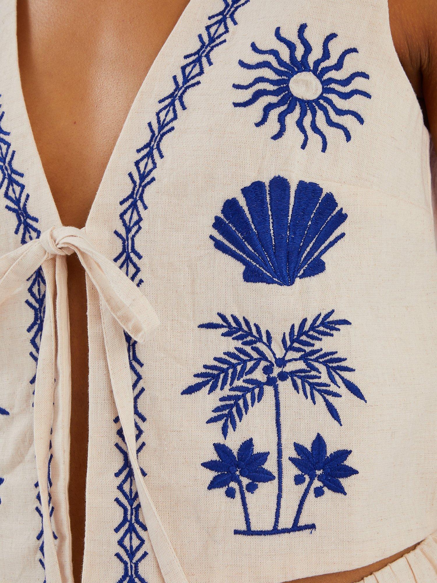 Product image 4 of 4, which shows Accessorize Tropical Tie-Front Embroidered Waistcoat, Natural, M