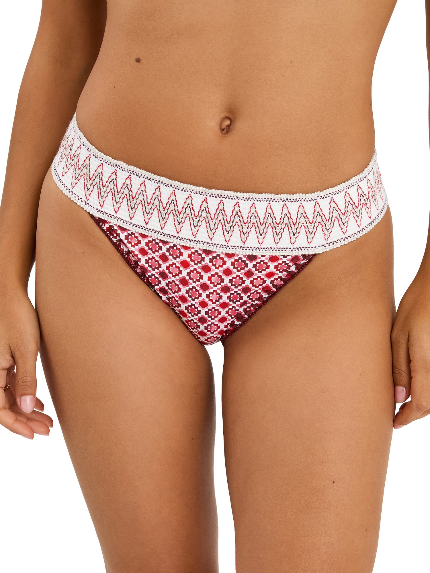 Product image 4 of 4, which shows Accessorize Tile Print Band Bikini Bottoms, Red, 6