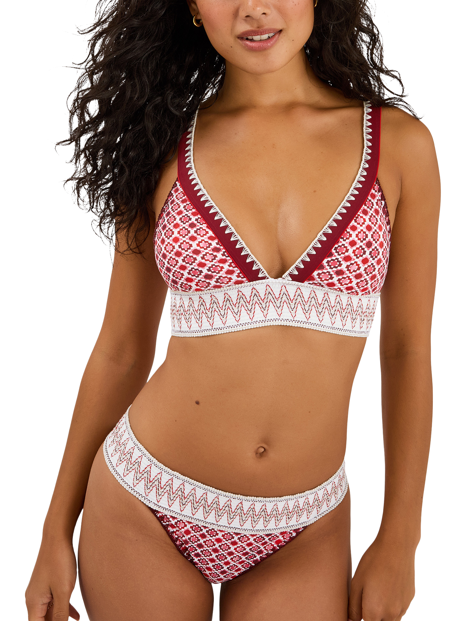 Product image 4 of 4, which shows Accessorize Tile Print Band Bikini Top, Red, 6