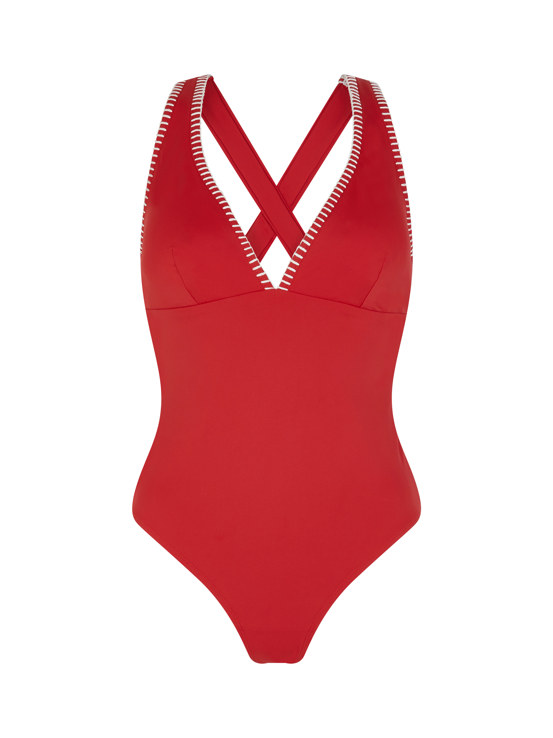 Product image 3 of 4, which shows Accessorize Stitch Cross-Back Plunge Swimsuit, Red, 6