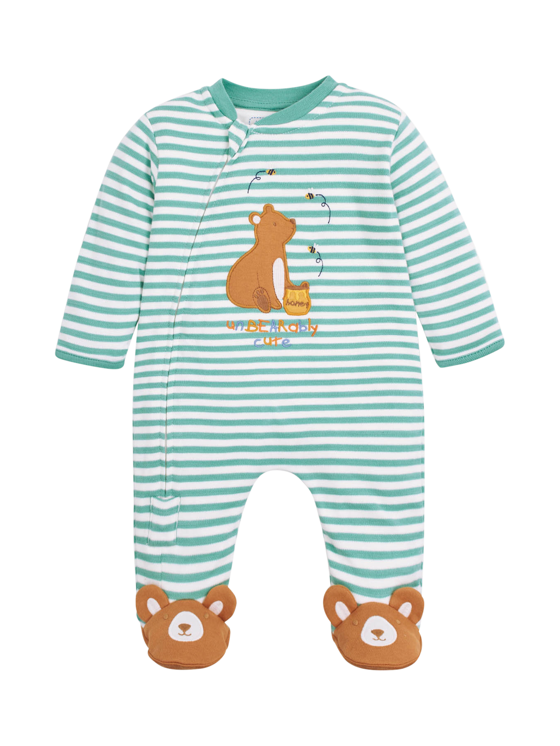 Product image 1 of 3, which shows JoJo Maman Bébé Baby Cotton Bear Zip Sleepsuit, Green, Newborn