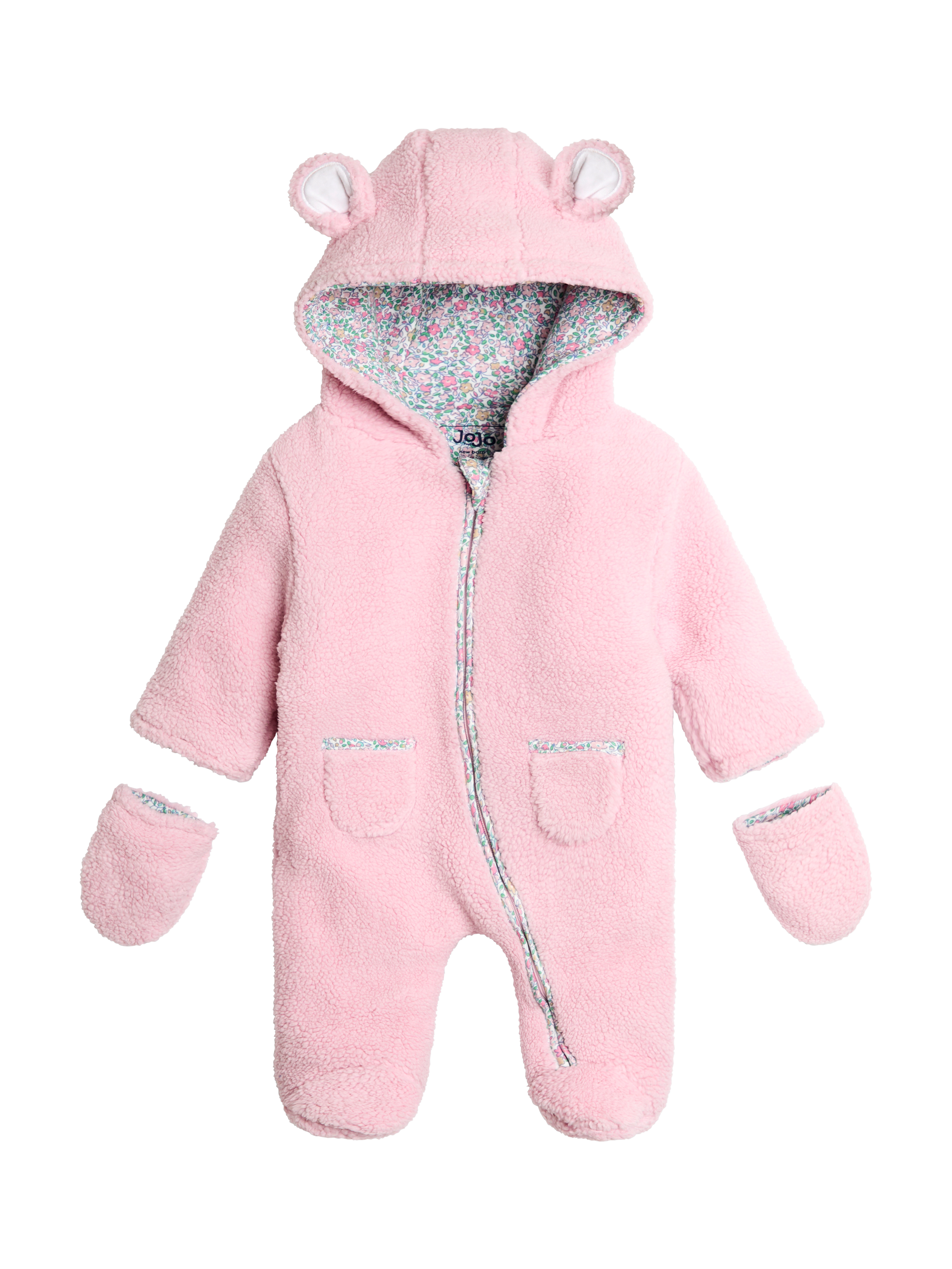 Product image 1 of 5, which shows JoJo Maman Bébé Baby Borg Mouse Pramsuit, Pink, Newborn