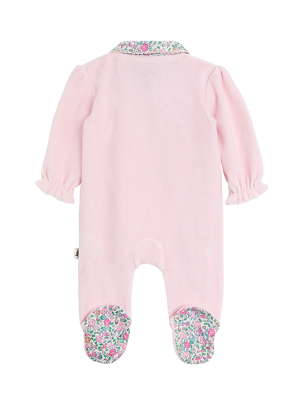 JoJo Maman Bébé Baby Velour Appliqué Collared All-in One Sleepsuit, Pink - view 2, Pink