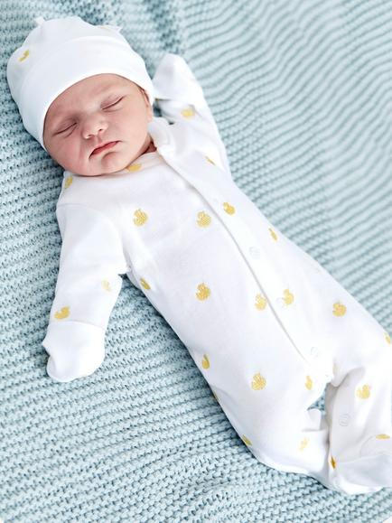 JoJo Maman Bébé Baby Cotton Embroidered Duck Sleepsuit, Yellow - view 2, Yellow