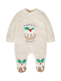 JoJo Maman Bébé Baby Christmas Pudding Appliqué Sleepsuit, Stone, Stone