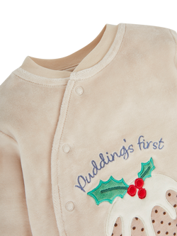 JoJo Maman Bébé Baby Christmas Pudding Appliqué Sleepsuit, Stone - view 2, Stone